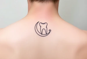 Delicate line-art molar tooth resting on a slender crescent moon with a tiny star at the tip, very fine outlines, almost no shading, subtle and graceful tattoo idea