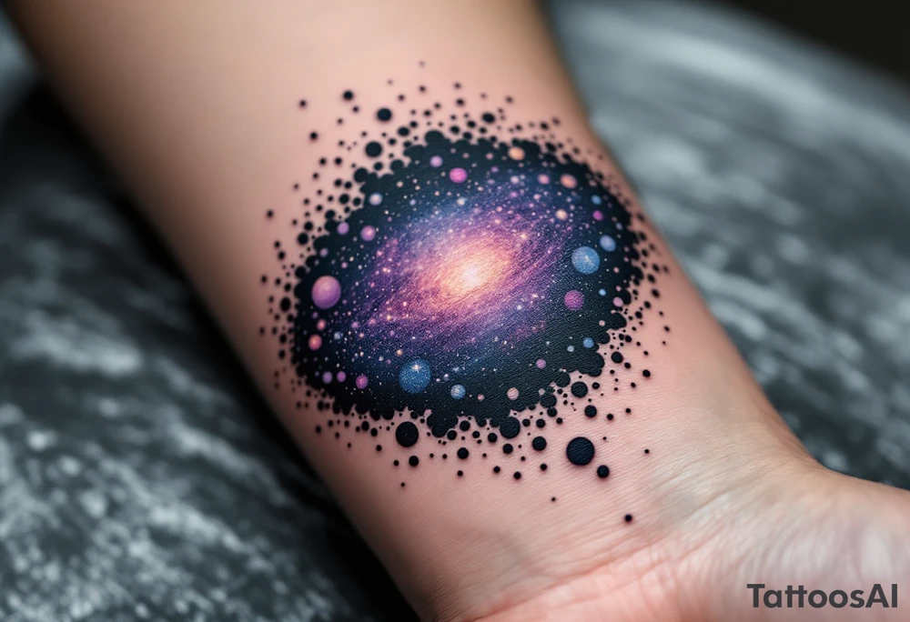 Dot cluster in the shape of a galaxy using black, indigo, and violet ink on the back – Cosmic and infinite. tattoo idea