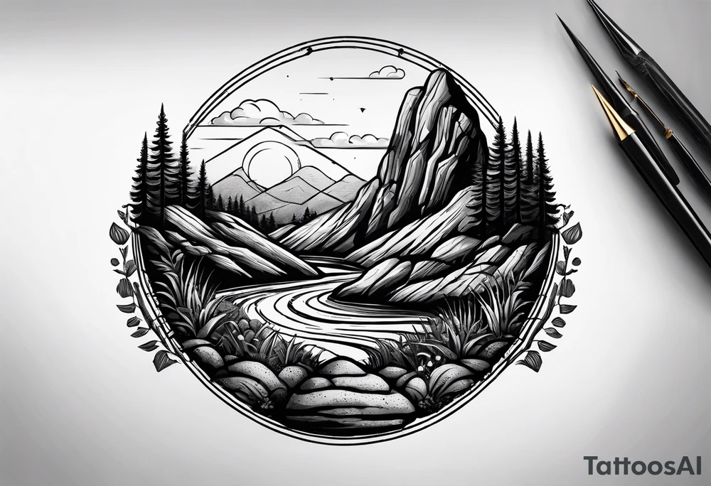 Create a tattoo of a flat topped rock Ebenezer with a base under the ground line that is pointed and deep, surrounded by freshly tilled and raked soil ready to be planted tattoo idea