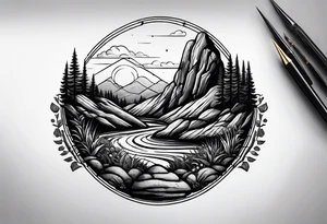 Create a tattoo of a flat topped rock Ebenezer with a base under the ground line that is pointed and deep, surrounded by freshly tilled and raked soil ready to be planted tattoo idea