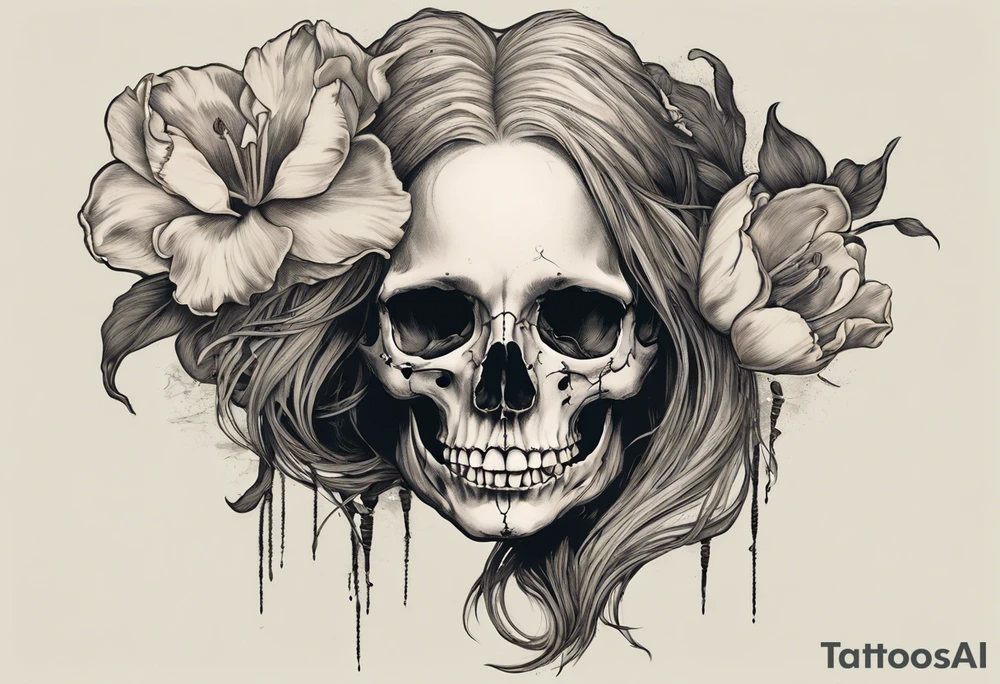 A profile view of a joyful female skull adorned with flowing, long hair, surrounded by symbolism representing the cycle of life and decay. Include a contrast between a fully decayed tulip, a pristine and vibrant tulip in full bloom, and a delicate tulip bud, all harmonizing with the eerie yet beautiful ambiance of the scene. tattoo idea