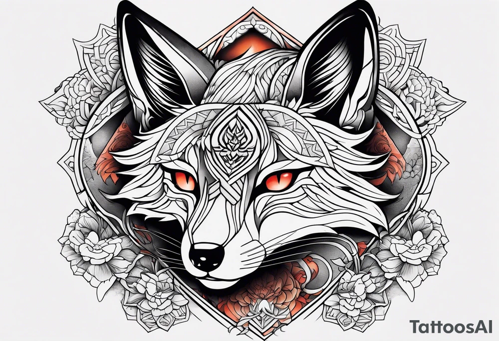 faça uma tatuagem de uma kitsune japonesa em forma de raposa com sua máscara e as fases da lua tattoo idea