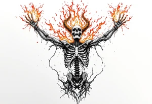 Flaming satan skeleton reaching up both arms to heaven full body tattoo idea