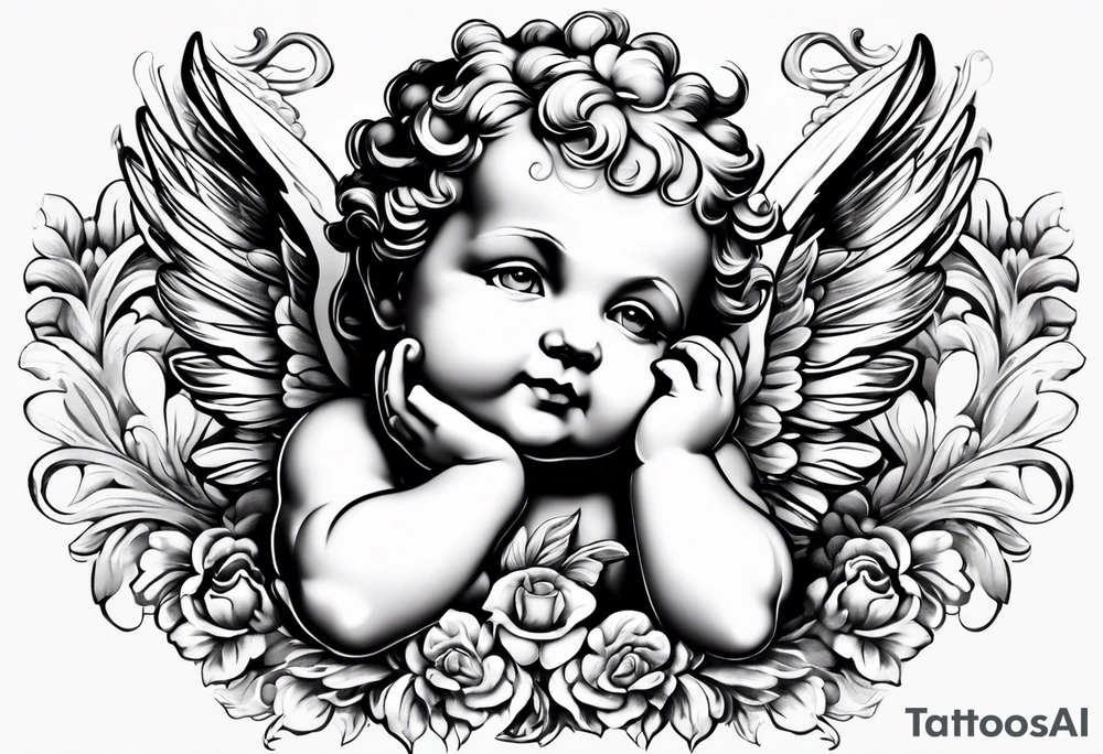 one putti with wings smiling vertical tattoo idea