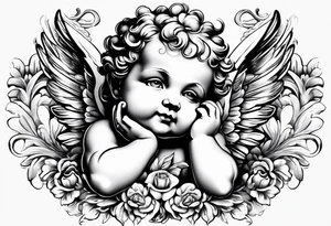 one putti with wings smiling vertical tattoo idea