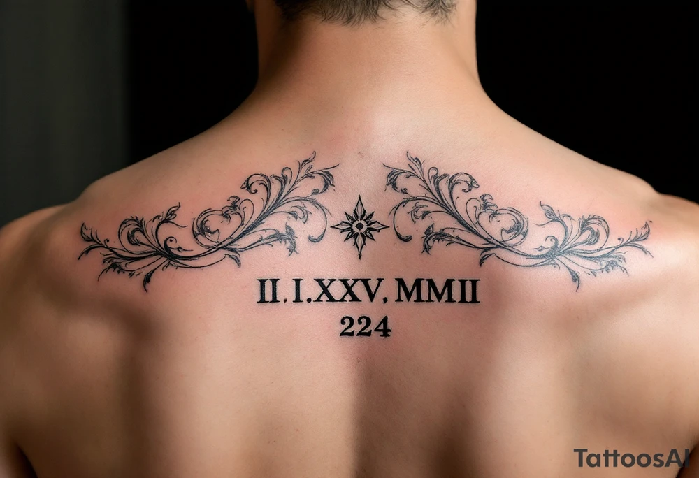 Roman numeral dates (IX.IX.MM and II.XXV.MMIII) in a balanced and symmetrical layout, along with the number 224 tattoo idea