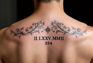 Roman numeral dates (IX.IX.MM and II.XXV.MMIII) in a balanced and symmetrical layout, along with the number 224 tattoo idea