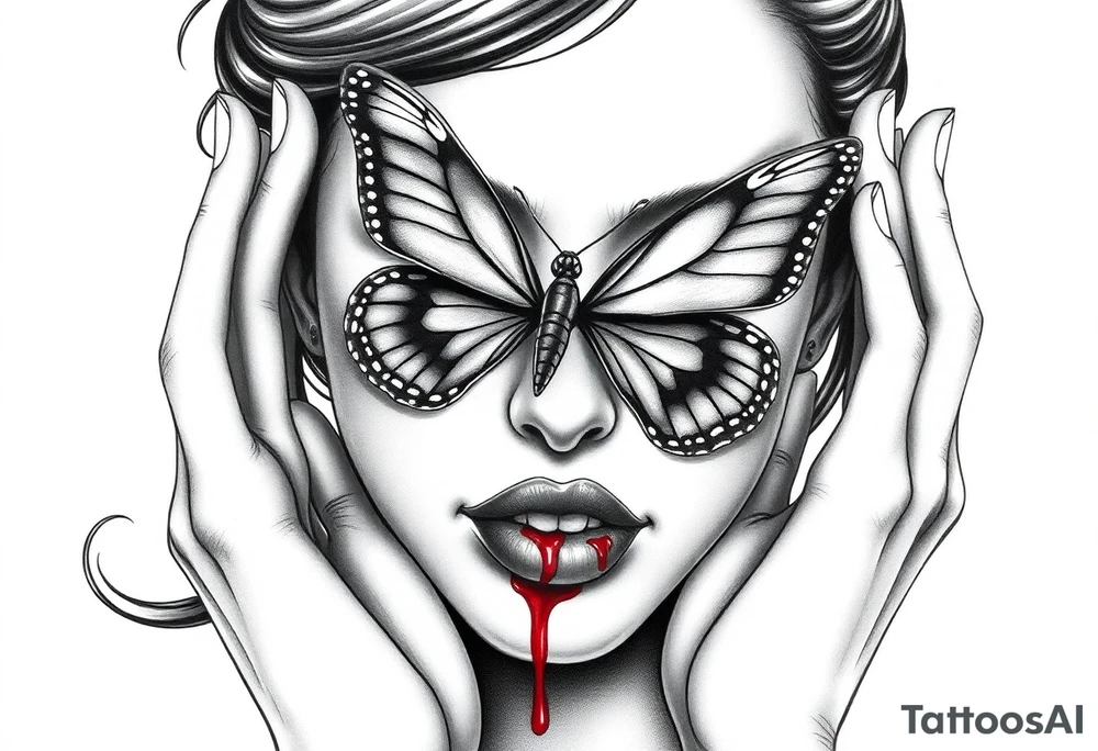 Black and grey realism tattoo design of a beautiful woman's face. And a butterfly landing g on her on the upper bridge of her nose so that the lower wings of the butterfly is covering both her eyes  the butterflys right lower wing is covering her right eye and the lower left of the butterfly wing is covering her left eye  (see no evil), she is bitting on her lip hard to where it is bleeding bright red(speak no evil). Wuth her left hand iver her left ear and her right hard over her right ear ( hear no evil )The style is black and grey realism, hyper-realistic, dark, and evil. Incorporate ninja gear elements and mechanical details (gears) subtly into the background or clothing for a gear ninja evil look. Design for a full forearm sleeve placement tattoo idea