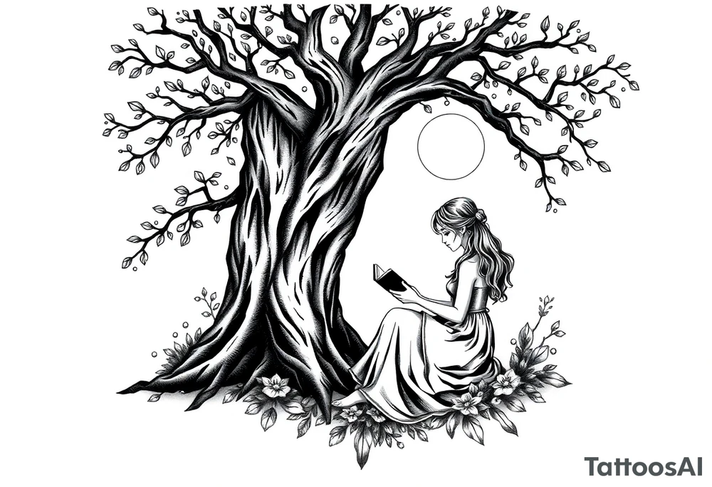 Magical woodland scene with a pretty girl reading a book against a tree tattoo idea