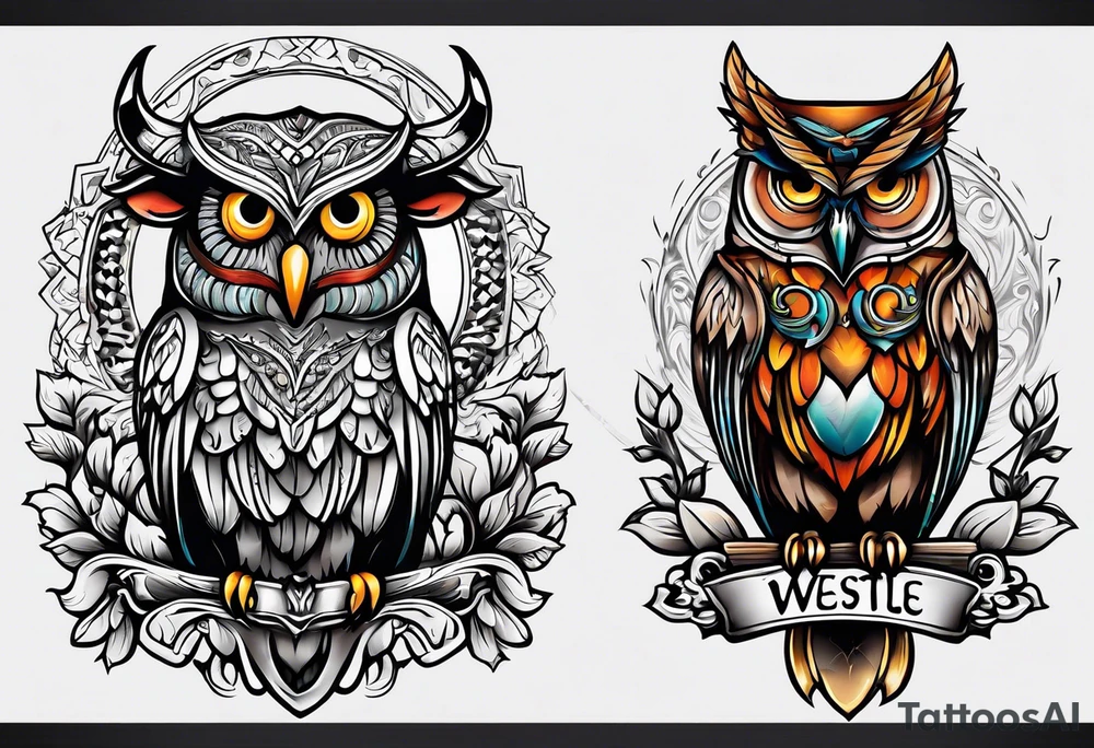 a cow and an owl at wrestle mania tattoo idea