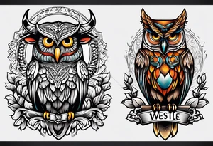 a cow and an owl at wrestle mania tattoo idea