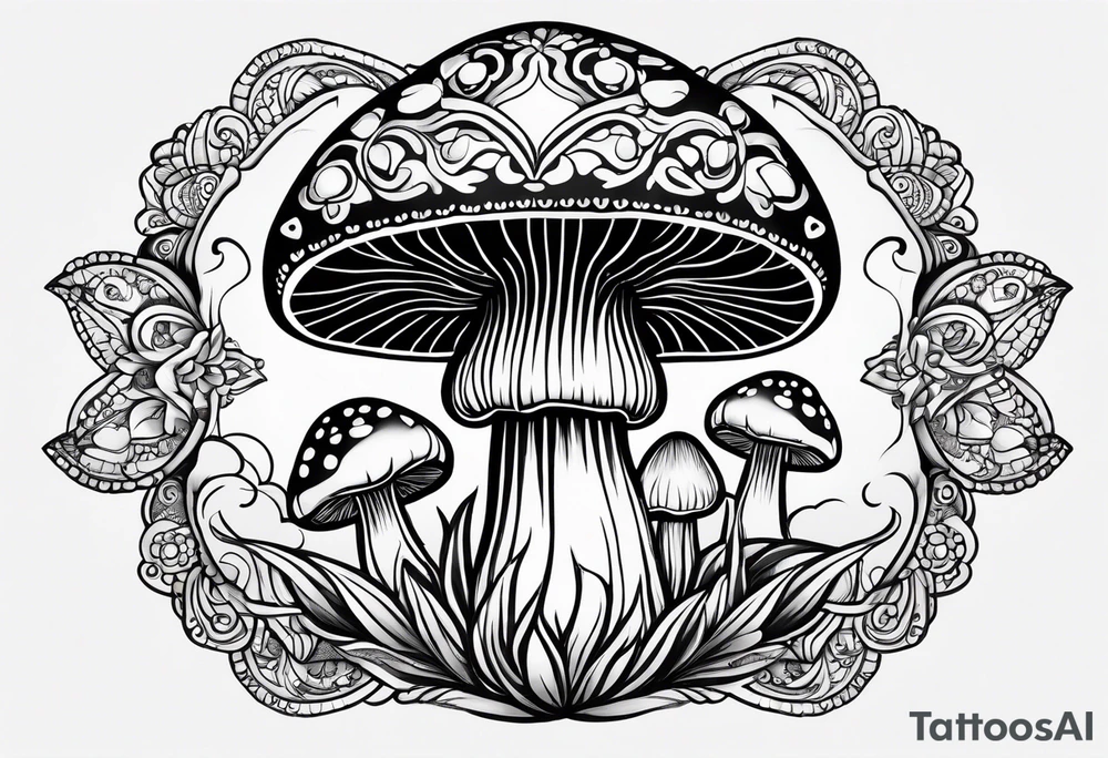 Large Shaggy cap mushroom dripping ink off cap with 4 smaller mushrooms around it mandala henna black tattoo design tattoo idea