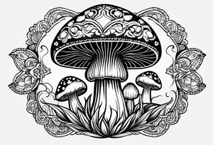 Large Shaggy cap mushroom dripping ink off cap with 4 smaller mushrooms around it mandala henna black tattoo design tattoo idea