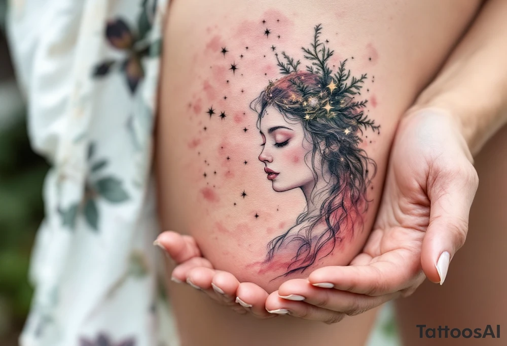 An ethereal Virgo maiden in faded rose pink carries the constellation in her open palms. tattoo idea