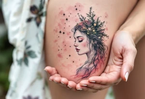 An ethereal Virgo maiden in faded rose pink carries the constellation in her open palms. tattoo idea