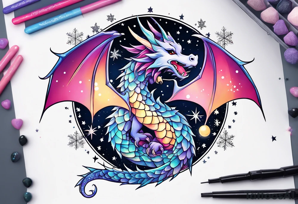 Constellation, kawaii dragon, snowflake tattoo idea