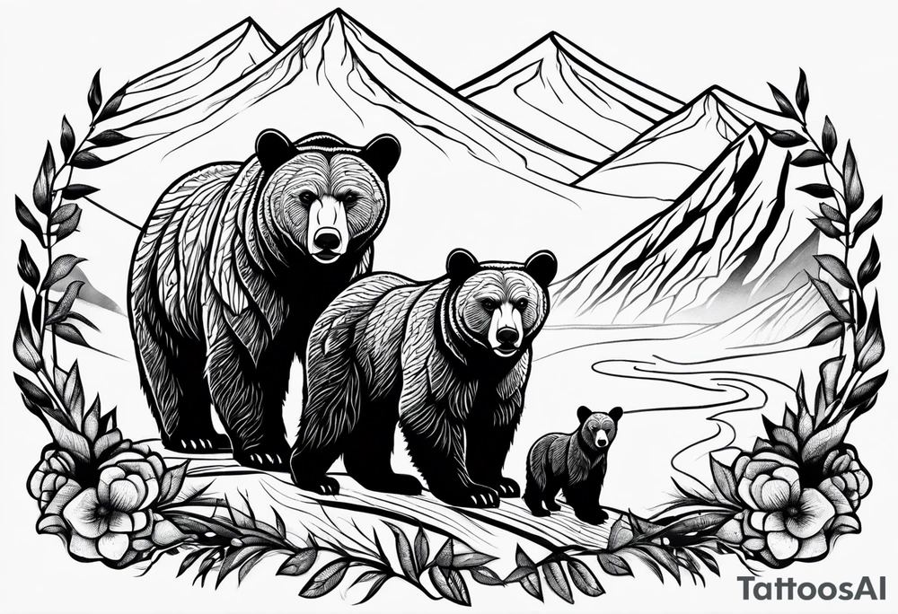mamma bear and cub with mountains tattoo idea