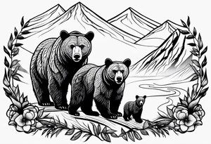 mamma bear and cub with mountains tattoo idea