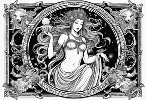 Aquarius water bearer god or goddess. Dark. With a gothic frame and mythological creatures. tattoo idea