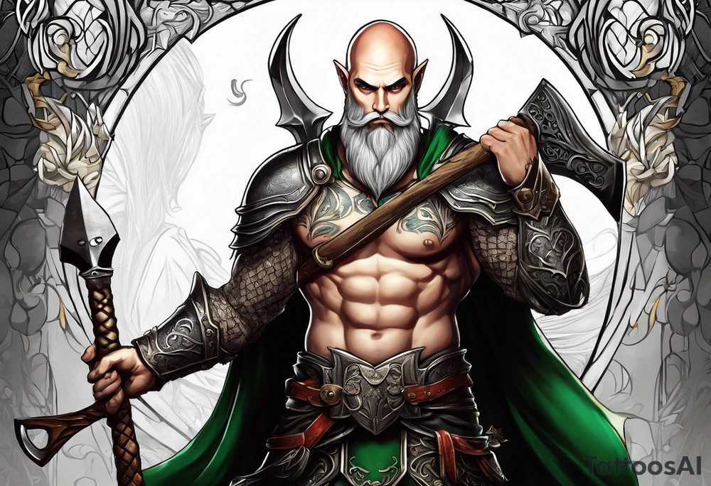 a full-body picture of a 30-year-old, human elf, bearded bald male, paladin, holding a battle axe, tattoo idea