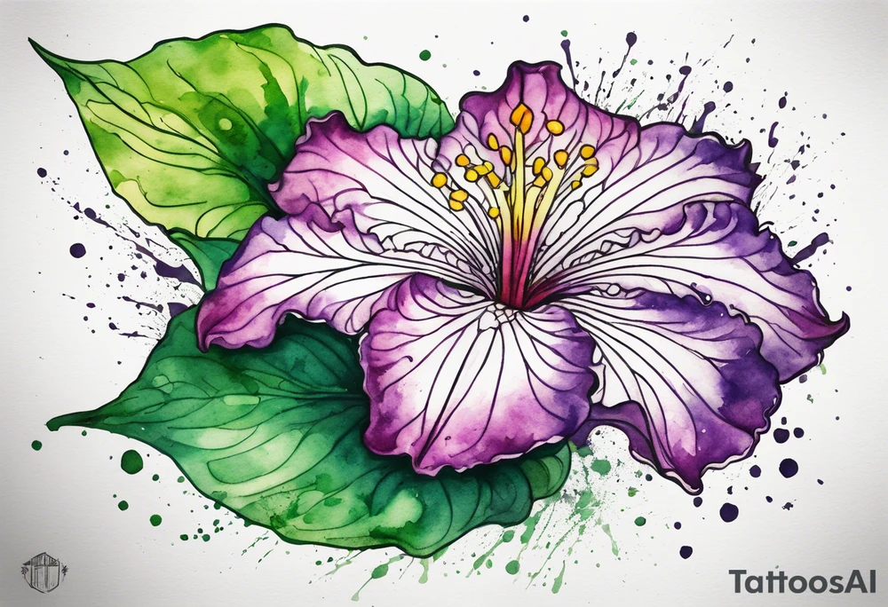 An outline of an only green rio dipladenia flower and a green and purple watercolor splash in the background tattoo idea