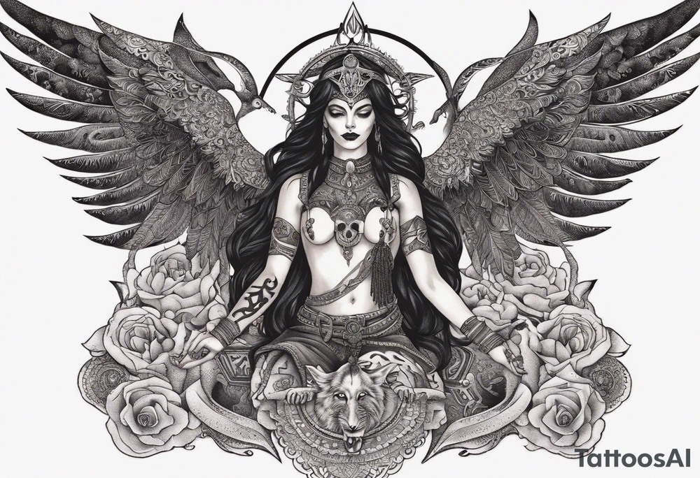 black kali, goddess pirate, alien, angel, pachamama, valkrye, warrior, flying, skull, lotus azul, wing, eagle, zenza resonance, stars, 5D, anahata chakra, death, durga, riding on a tiger, flying lady, kundalini, chest tatoo tattoo idea