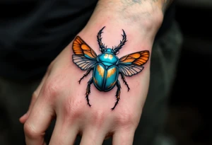A turquoise scarab beetle with outspread copper wings, representing rebirth and transformation. tattoo idea