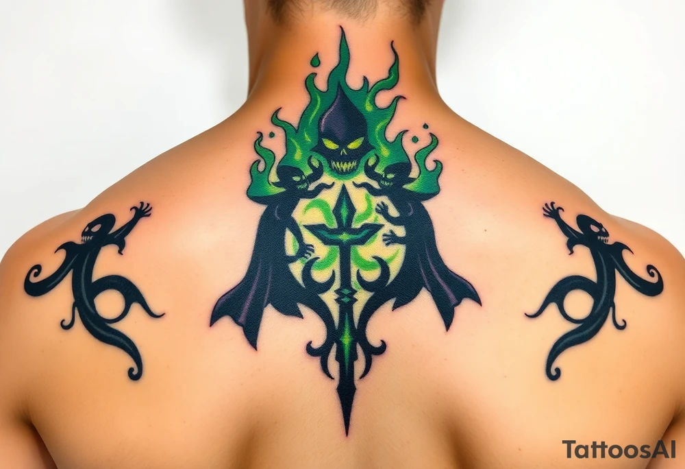 A Dark Mark engulfed in eerie green flames, with shadowy figures holding magic wand prepering for the fight in the smoke tattoo idea