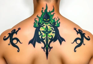 A Dark Mark engulfed in eerie green flames, with shadowy figures holding magic wand prepering for the fight in the smoke tattoo idea