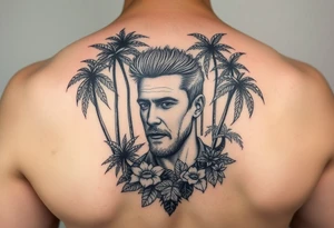 သား Inside of a photo the subject of the photo surrounded by a tropical forest tattoo idea