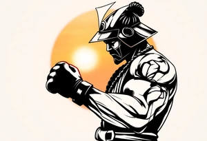 noble samurai warrior silhouette at sunset with boxing gloves tattoo idea