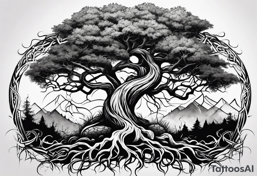 Tattoo around the forearm in the form of intertwined tree roots and two lizards hiding in the roots tattoo idea