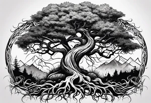 Tattoo around the forearm in the form of intertwined tree roots and two lizards hiding in the roots tattoo idea