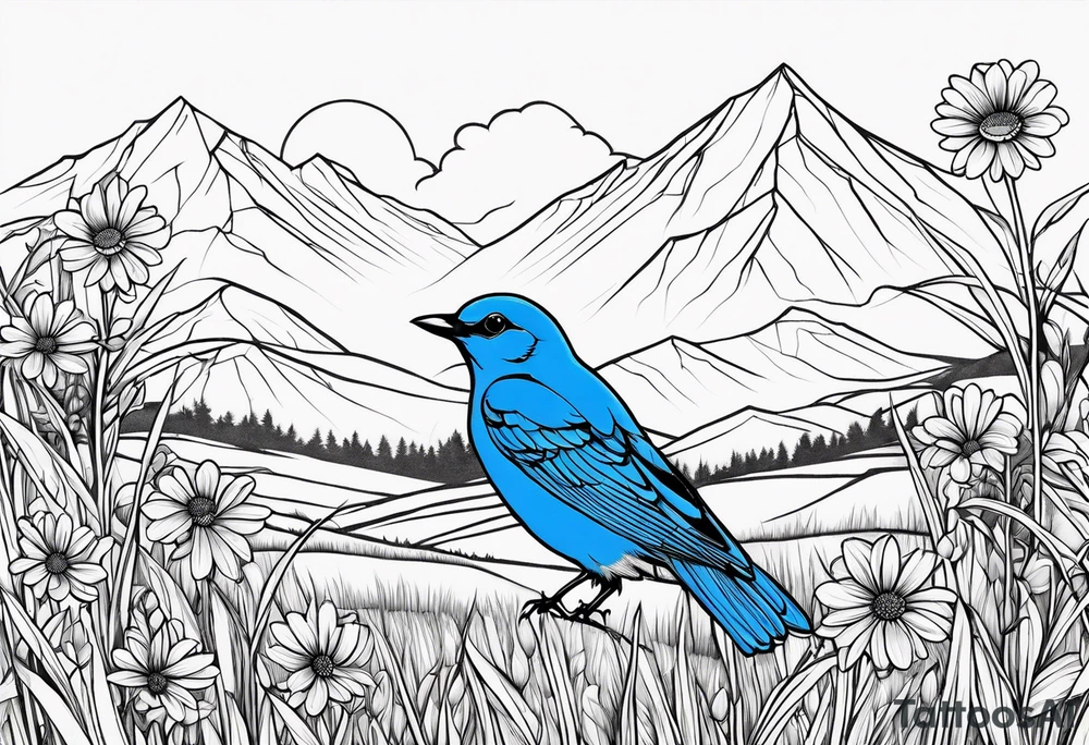 Small blue bird in field of grass and daisys Mountain View in distance tattoo idea
