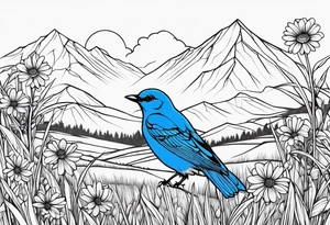 Small blue bird in field of grass and daisys Mountain View in distance tattoo idea