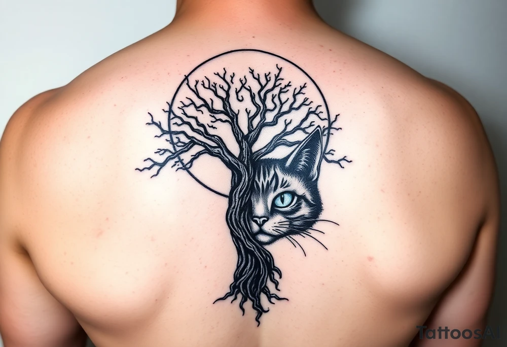Bright full moon with a tree of life and Cheshire cat face tattoo idea