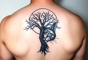 Bright full moon with a tree of life and Cheshire cat face tattoo idea