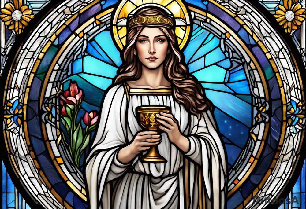 holy saint woman with halo stained glass holding a chalice tattoo idea
