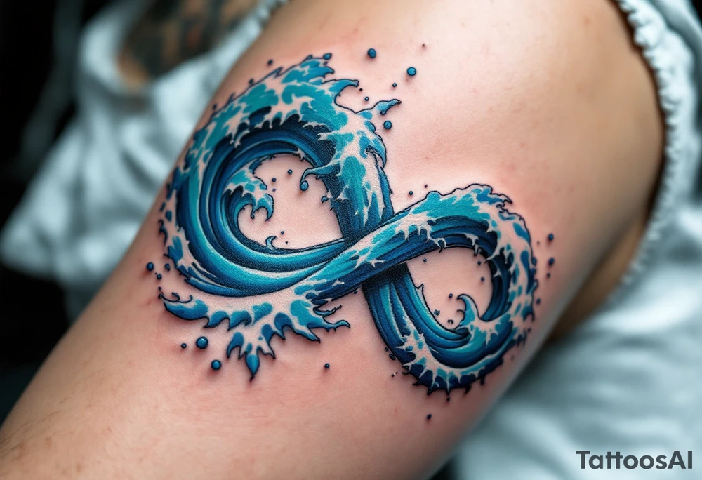 An infinity symbol composed of ocean waves, with vibrant deep blue and turquoise tones, evoking the power of nature. tattoo idea