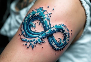 An infinity symbol composed of ocean waves, with vibrant deep blue and turquoise tones, evoking the power of nature. tattoo idea