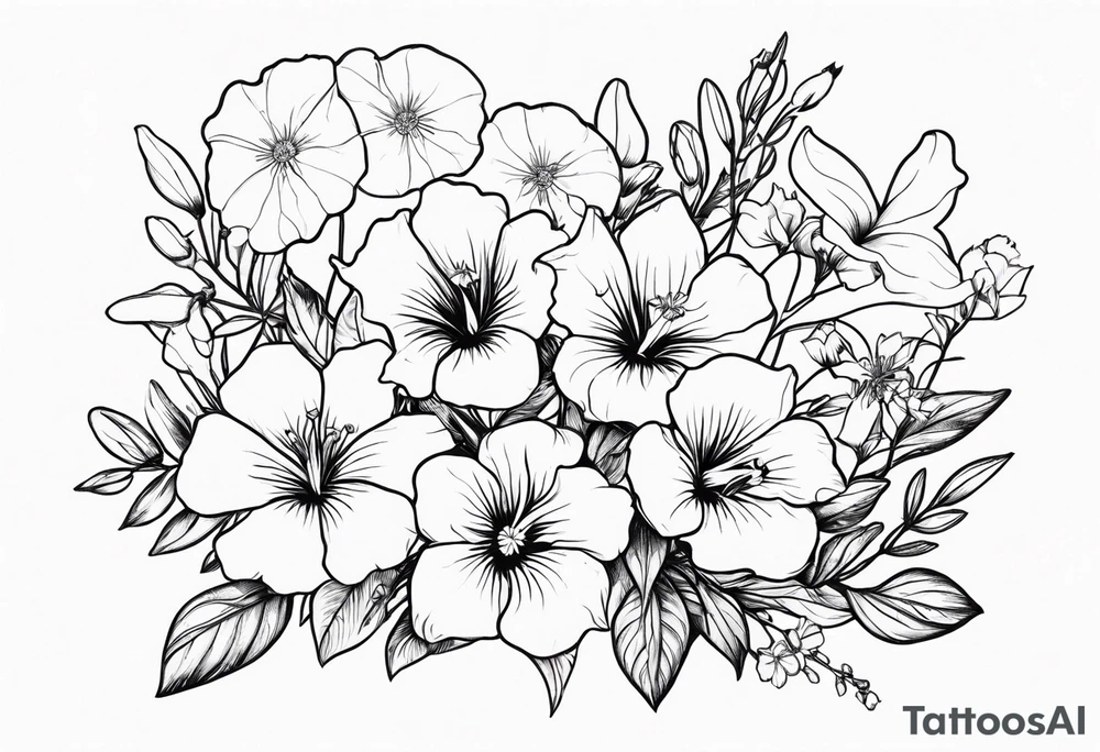 flower bouquet including sweet pea, larkspur, morning glory and cosmos tattoo idea