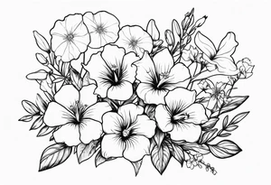 flower bouquet including sweet pea, larkspur, morning glory and cosmos tattoo idea