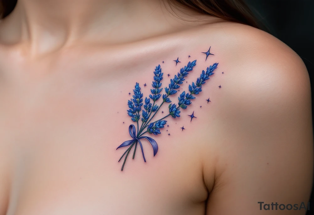 A lavender bouquet floating in a starry sky, in shades of blue, violet, and silver. tattoo idea