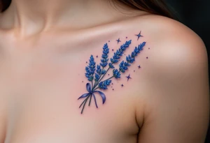 A lavender bouquet floating in a starry sky, in shades of blue, violet, and silver. tattoo idea