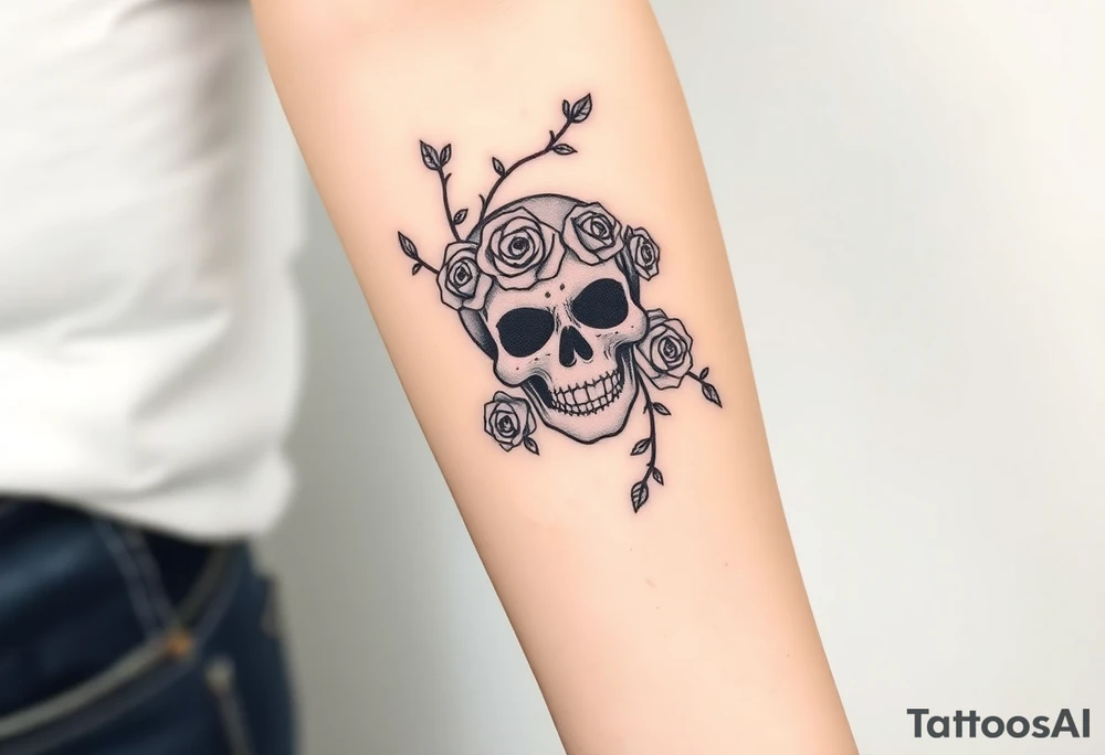 gothic skull intertwined with climbing roses and thorny vines tattoo idea