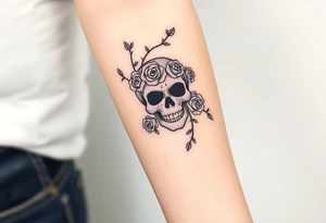 gothic skull intertwined with climbing roses and thorny vines tattoo idea