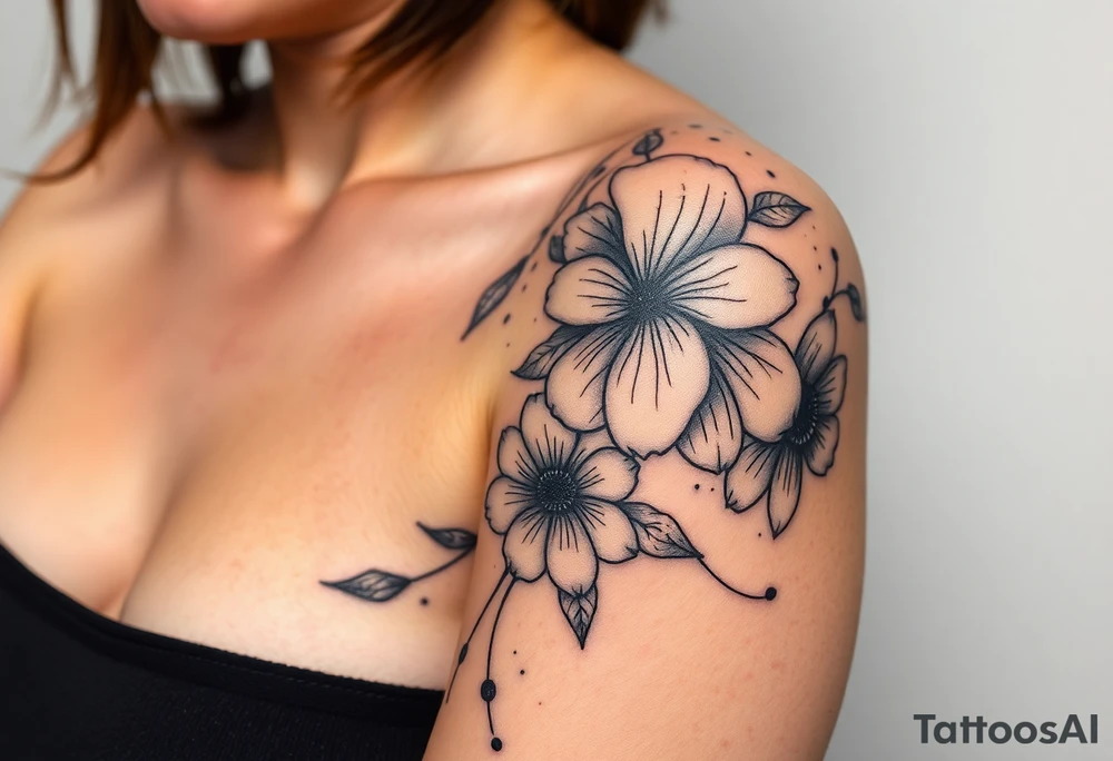 Desenhe uma tatuagem que simbolize uma mulher feminista de 41 anos, mãe de dois filhos homens, independente e filósofa inspirada nas teorias de Deleuze. A tatuagem deve expressar força, liberdade e conexão com a multiplicidade da vida, incorporando elementos abstratos e fluidos, com linhas que sugiram movimento e transformação contínua. Evite clichês e busque um design original e significativo. A tatuagem deve coobrir todo braço superior. Use flores. tattoo idea