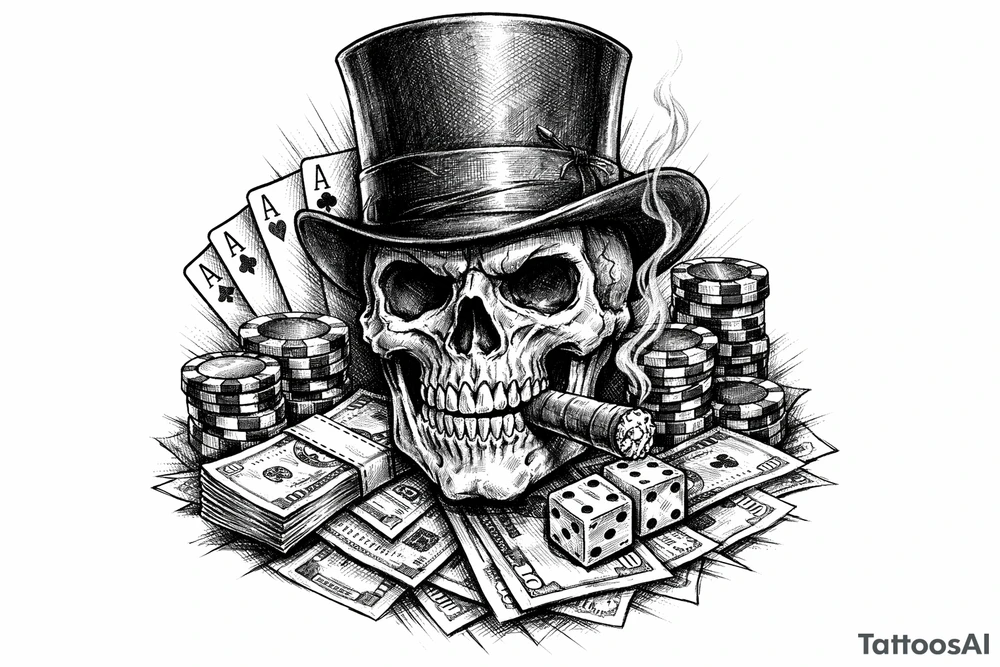 skull with cigar in his mouth,top-hat surrounded by poker-chips,paying cards and money. tattoo idea