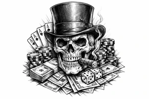 skull with cigar in his mouth,top-hat surrounded by poker-chips,paying cards and money. tattoo idea
