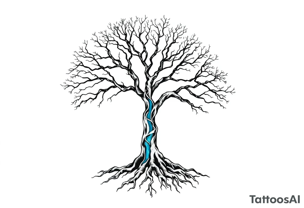 Black and white deciduos Tree with roots. Blue water inside the whole tree in many thin veins. flows from the brunches to the roots tattoo idea
